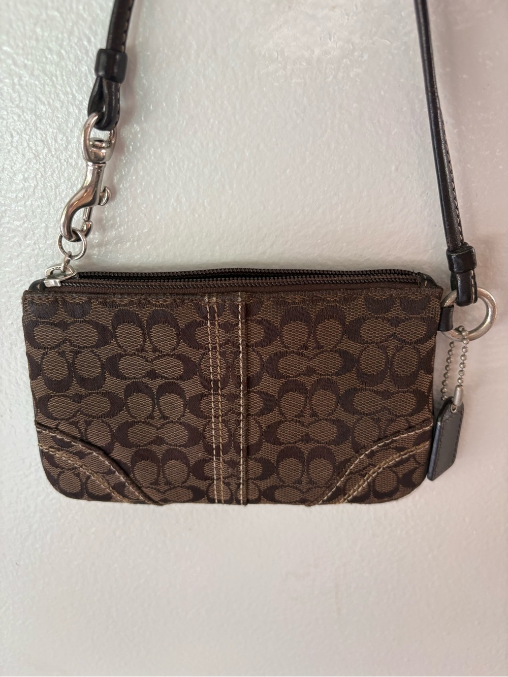 Coach Brown Signature Canvas Mini Wristlet with Leather Strap
